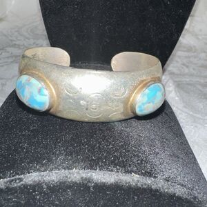 Vintage Alpaca Mexico Cuff Bracelet W/ Two Large Turquoise Colored Cabochons